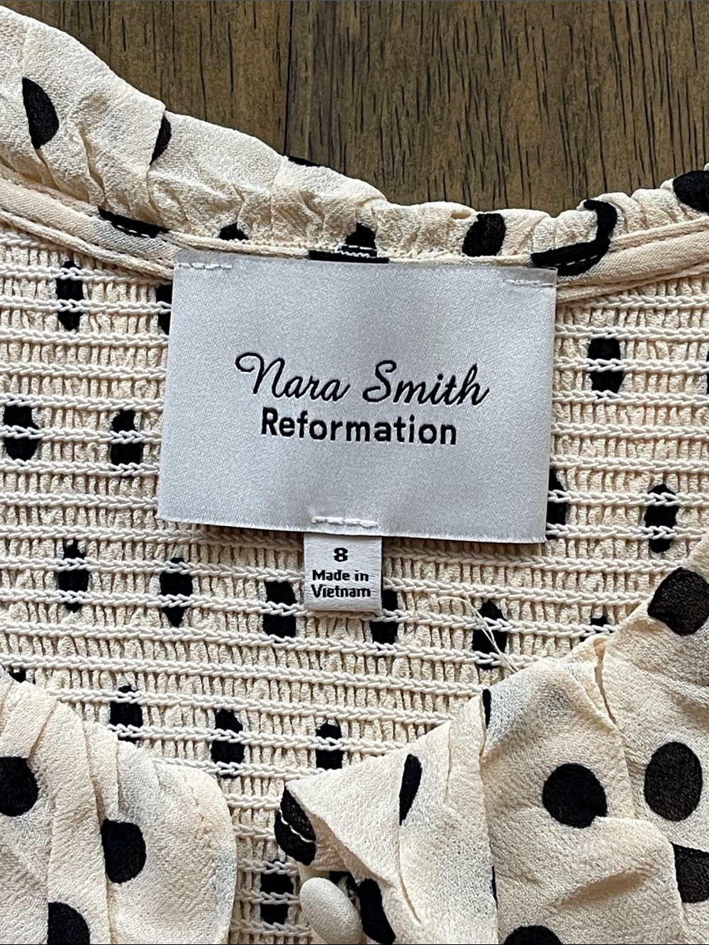 Reformation x Nara Smith Brown Sugar Ruffle Polka Dot Midi Dress - Picture 9 of 10